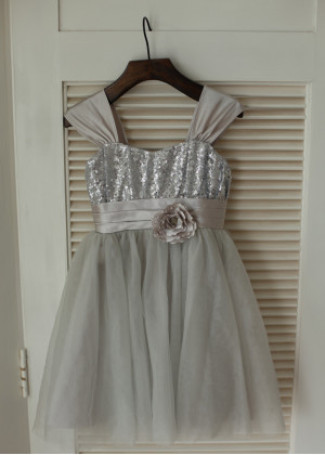 Chiffon Straps Silver Sequin Gray Tulle Dreamy Flower Girl Dress
